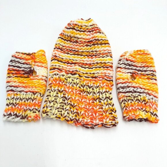 Handmade Loom Knit Fingerless Gloves Beanie Hat Toque Pompom Size Small Autumn - Picture 12 of 16